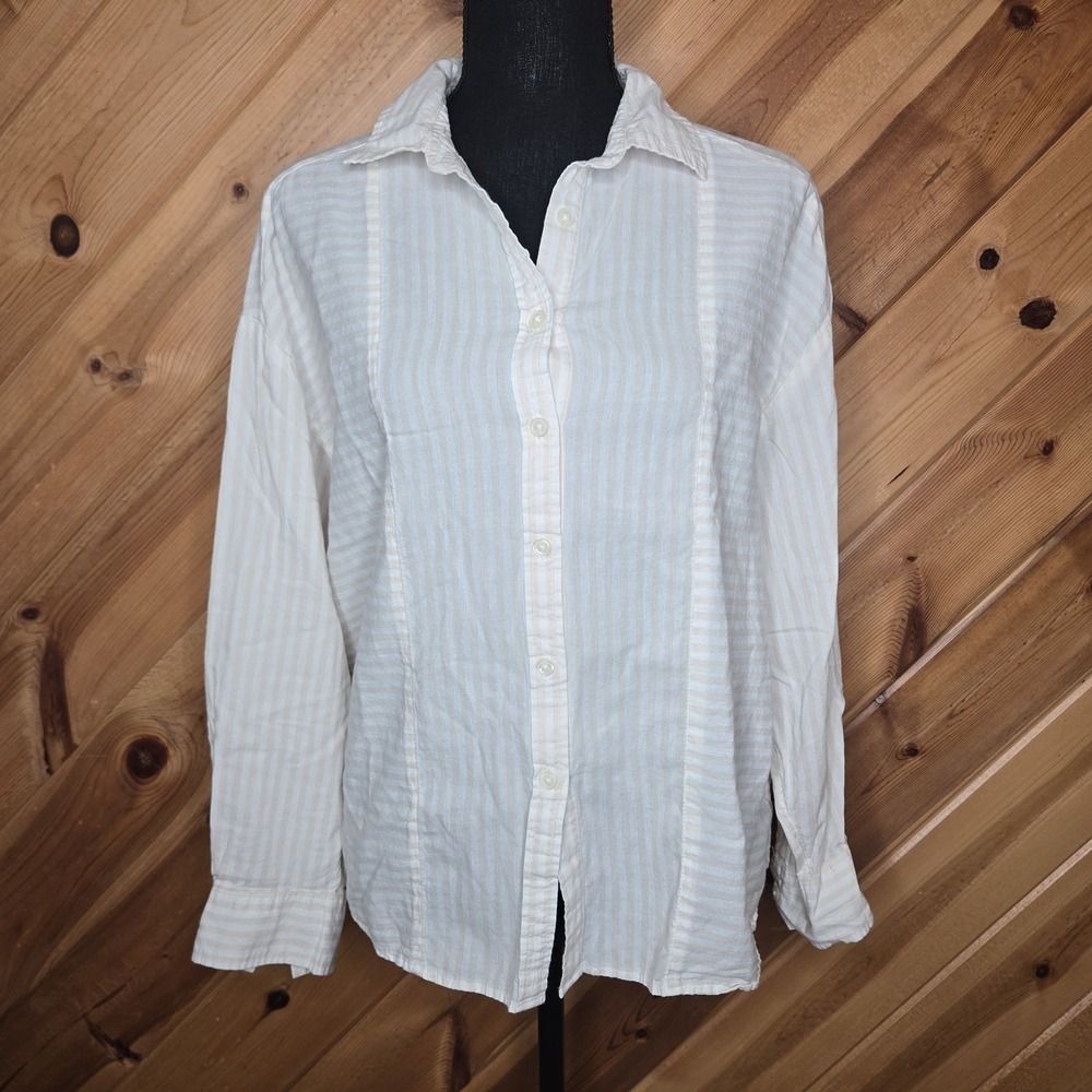 Elizabeth and James Striped 100% Cotton Button Down Shirt Beige White M Relaxed